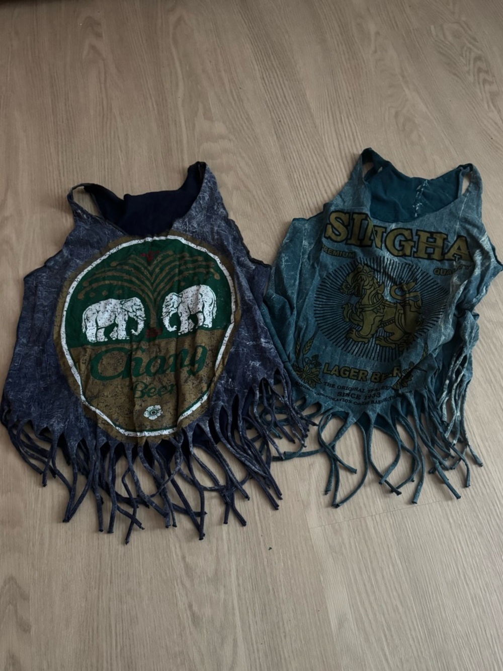 Bundle of 2 Thai Blue-Green Fringe Tank Tops with Beer Logo Singha and Chang